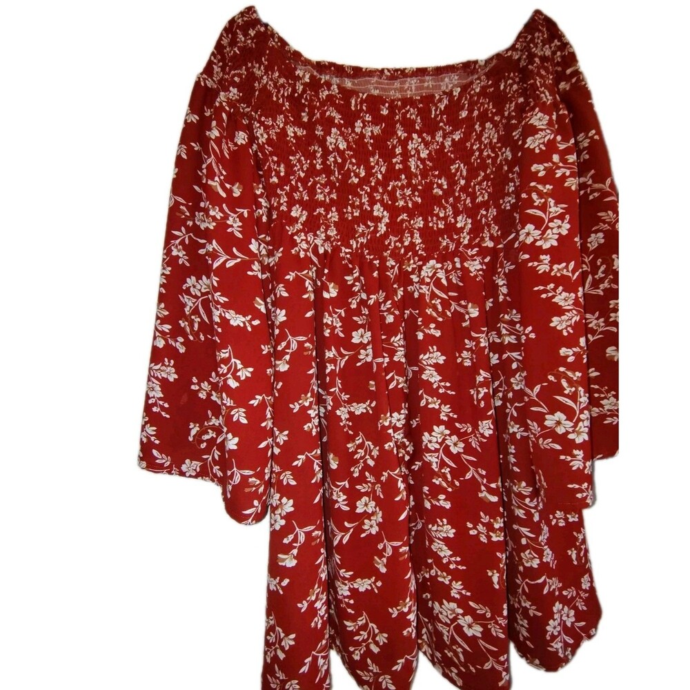 Floral Smocked Off-The-Shoulder Mini Dress Rust Red Boho Bell Sleeve Tunic -... - Picture 7 of 10